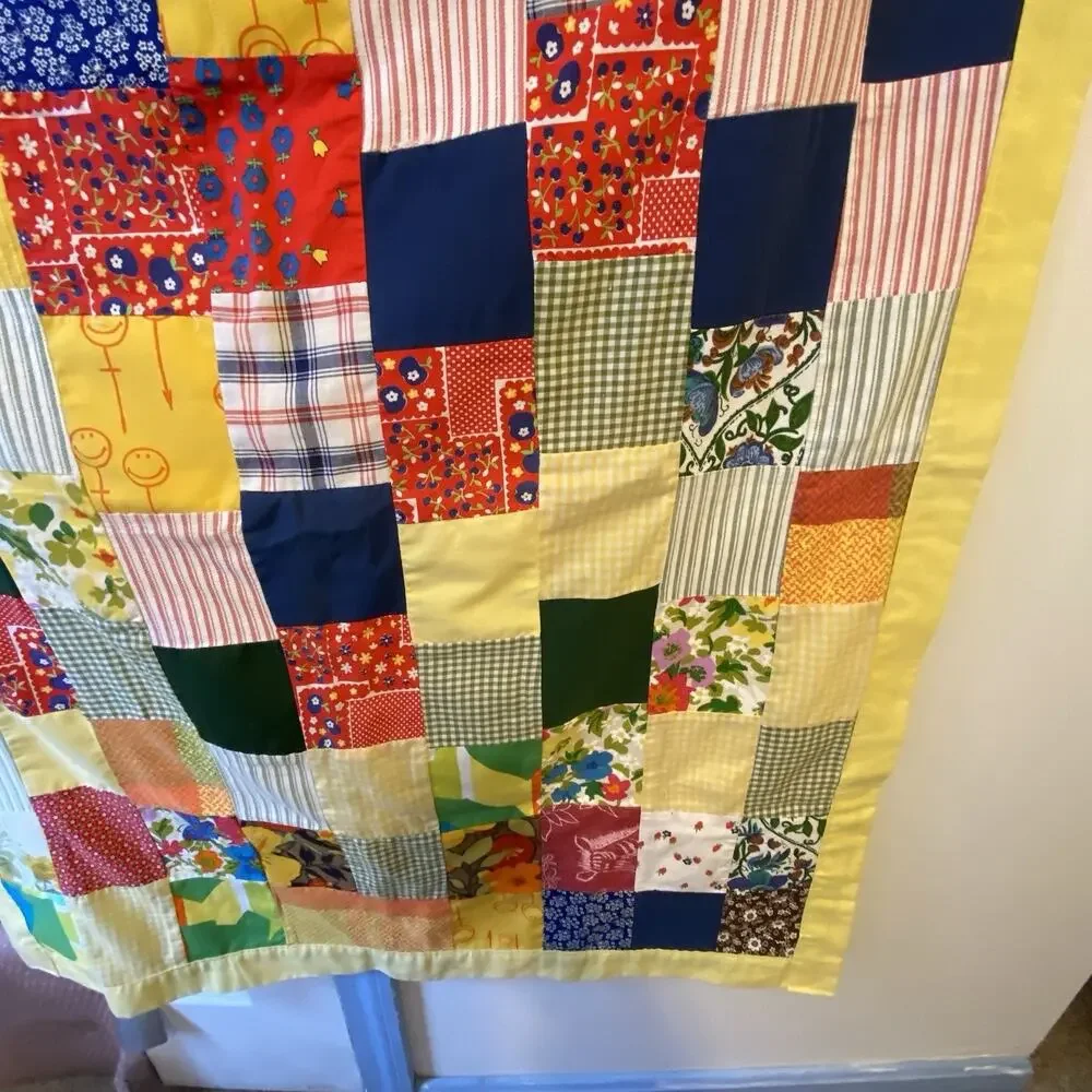 Vintage Handmade Patchwork Baby Blanket Floral Butterflies Colorful W34xL43.5”